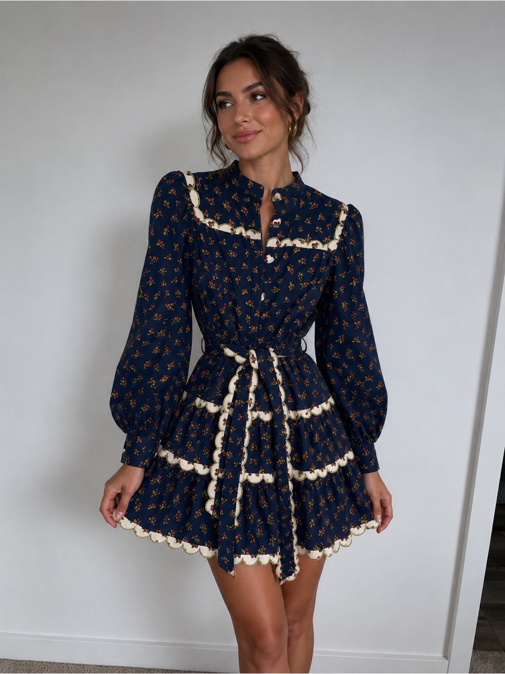 CeliaB Navy Floral Long-Sleeve Tiered Mini Dress with Cream Lace
